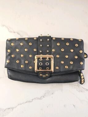 Besso Black Leather Clutch Gold Studded Buckle Fold Over Bag 10.5x6 Grunge...